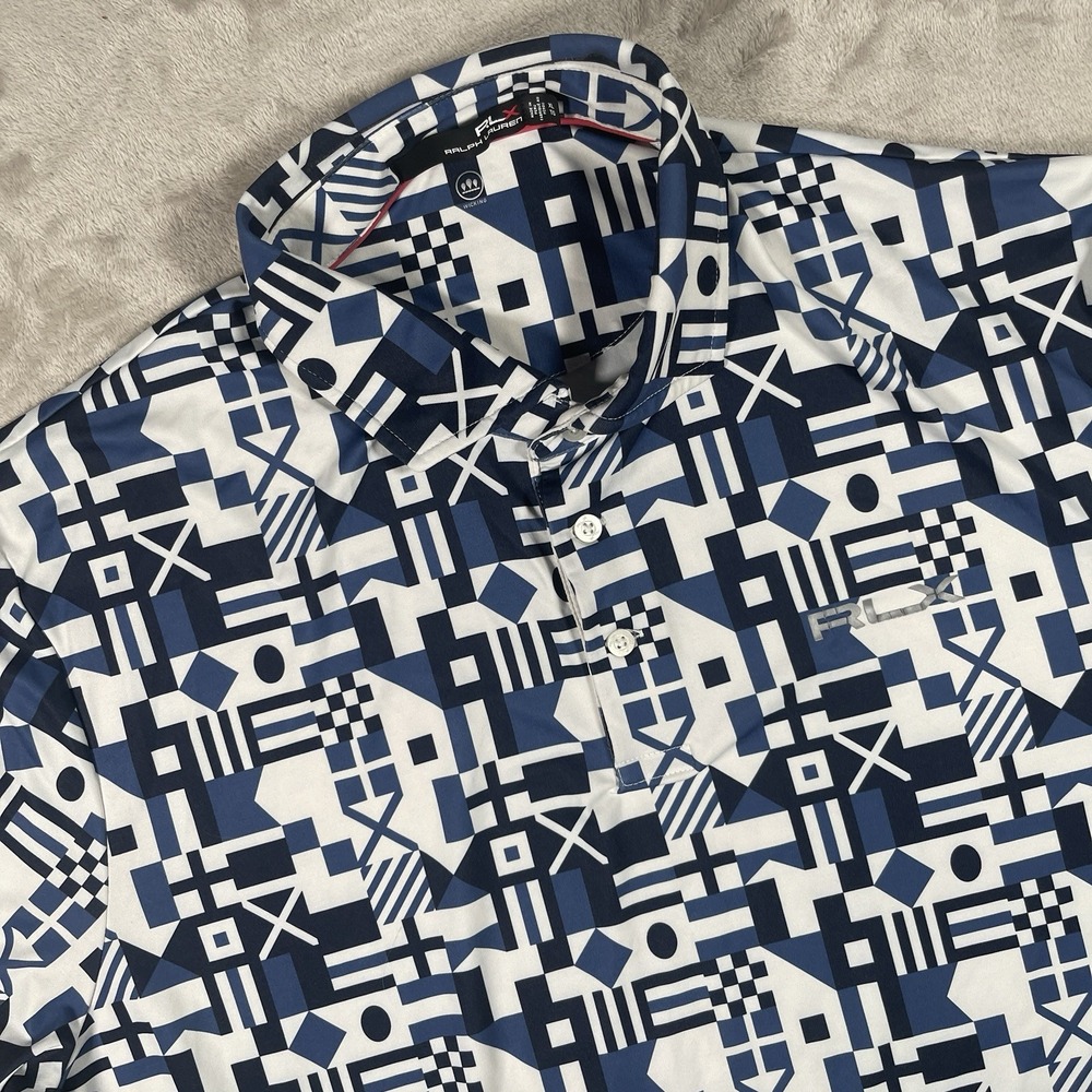 RLX Ralph Lauren Polo Blue Geometric Nautical Flag Signals Print Mens XL Wicking